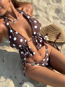 Livesso Women's Brown Polka Dot Set, Casual Tropical Camisole Bikini For Vacation, Spa Beach Summer - Brown - View 2