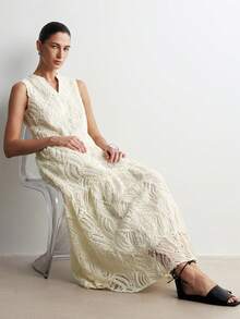 Aalyst Vestido de estilo francés elegante y minimalista para mujer, de nueva llegada para primavera/verano. Vestido largo de línea A con cuello en V sin mangas, de tela jacquard color albaricoque, para uso diario, ir al trabajo y reuniones - Albaricoque - Ver 4
