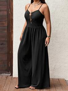 Sunnyshic Mono de pierna ancha sin mangas con pliegues y calado para talla grande de verano - Negro - Ver 3