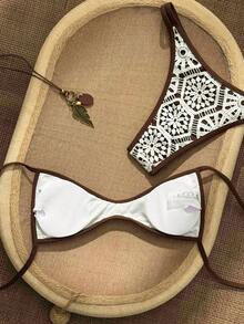 Swim Mod Women's Contrast Color Print Simple Boho Swimwear Set Beach Chocolate Brown Summer - Multicolor - View 2