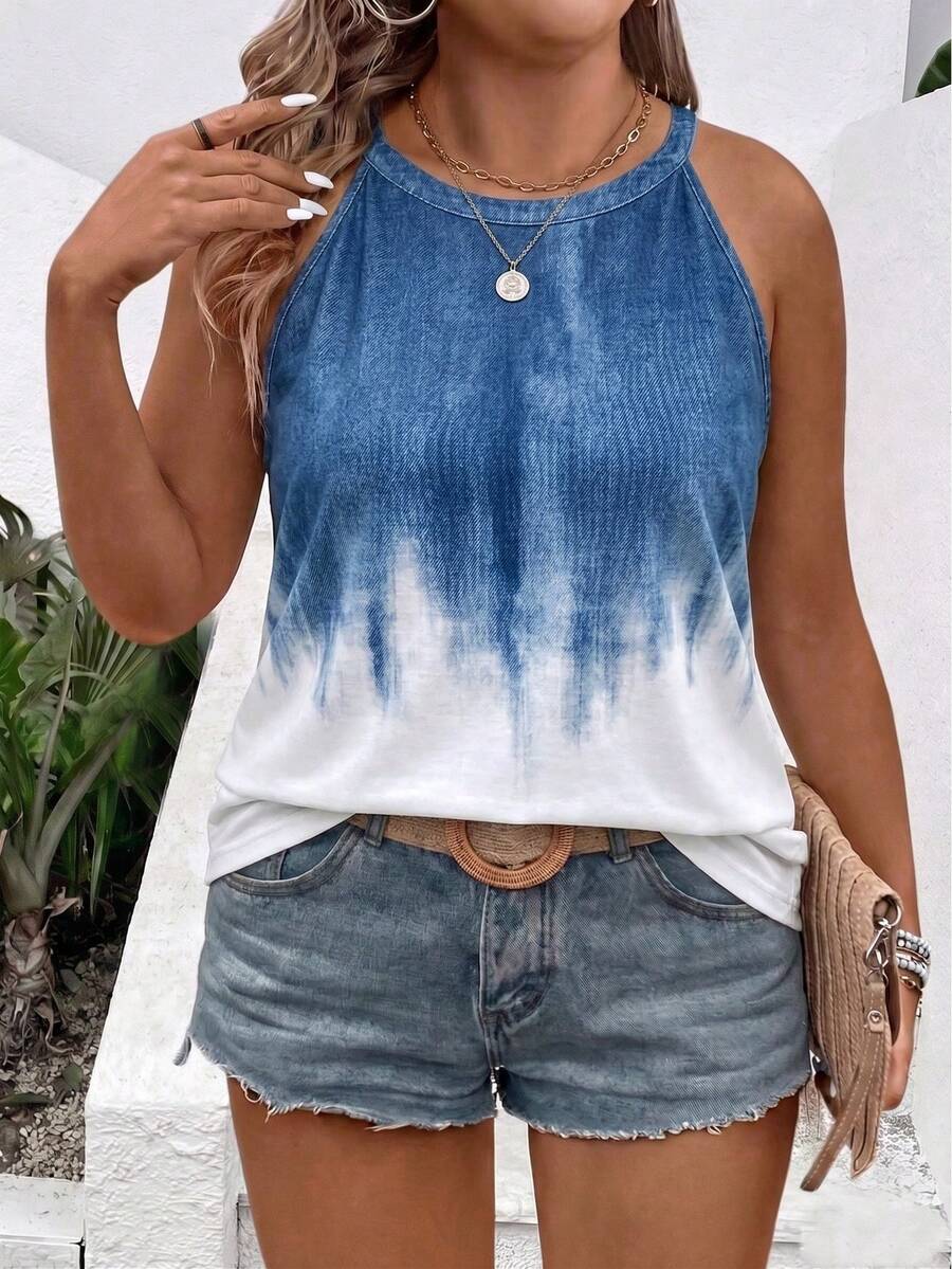 EMERY ROSE New Arrival Plus Size Women Casual Versatile Ombre Denim Print Camisole - Multicolor - View 1