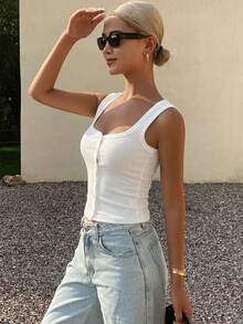 DAZY Women's Square Neck Fitted Ribbed Camisole Top, Summer - White - View 5