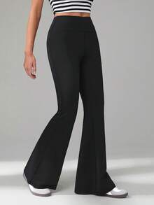 SHEIN Tall CURVE 大码女装秋冬返校休闲家居服瑜伽舒适户外纯黑色针织弹力腰高腰口袋喇叭裤，带口袋打底裤 - 黑色 - 查看 10