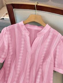 GlowEve CURVE Women's Summer Elegant Pink Floral V-Neck Short Sleeve Blouse,Party Casual Loose Ruffle Striped Stand Collar Shirt For Daily Commute Office Wear - Baby Pink - View 4