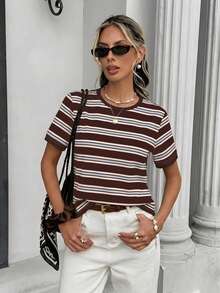SHEIN Frenchy Áo thun ngắn tay dáng rộng, cổ tròn, phối màu tương phản, phong cách retro tối giản dành cho nữ, thích hợp cho các buổi đi chơi, phong cách đường phố, thanh lịch và lãng mạn, kỳ nghỉ biển, tiệc cưới, mặc nhà, phong cách Bohemian Chic. - Nhiều màu - Xem 3