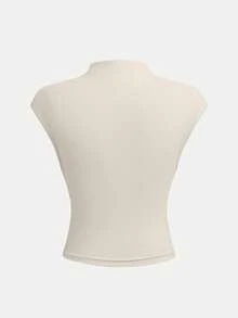 SHEIN Conjunto elegante de punto color albaricoque para niña preadolescente con top sin mangas de cuello mao ajustado con fruncido en la cintura y falda midi - Amarillo - Ver 5