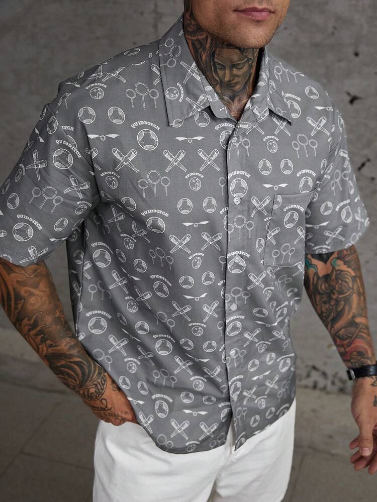 Men's Short Sleeve Gray Collared Shirt, Collaboration Design
