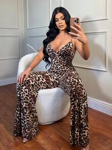 SHEIN SXY Women's Summer Leopard Print Flared Sexy Cami Jumpsuit - Brown - View 4