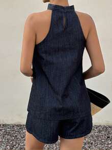 DAZY Bộ đồ denim mùa hè dành cho nữ, gồm áo không tay buộc cổ và quần short denim, kiểu dáng thường ngày. - Rửa tối - Xem 3