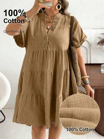 Ceyna Đầm polo tay polo cổ chữ V dáng rộng, chất liệu vải voan nhăn, kiểu dáng thường ngày, cỡ lớn.