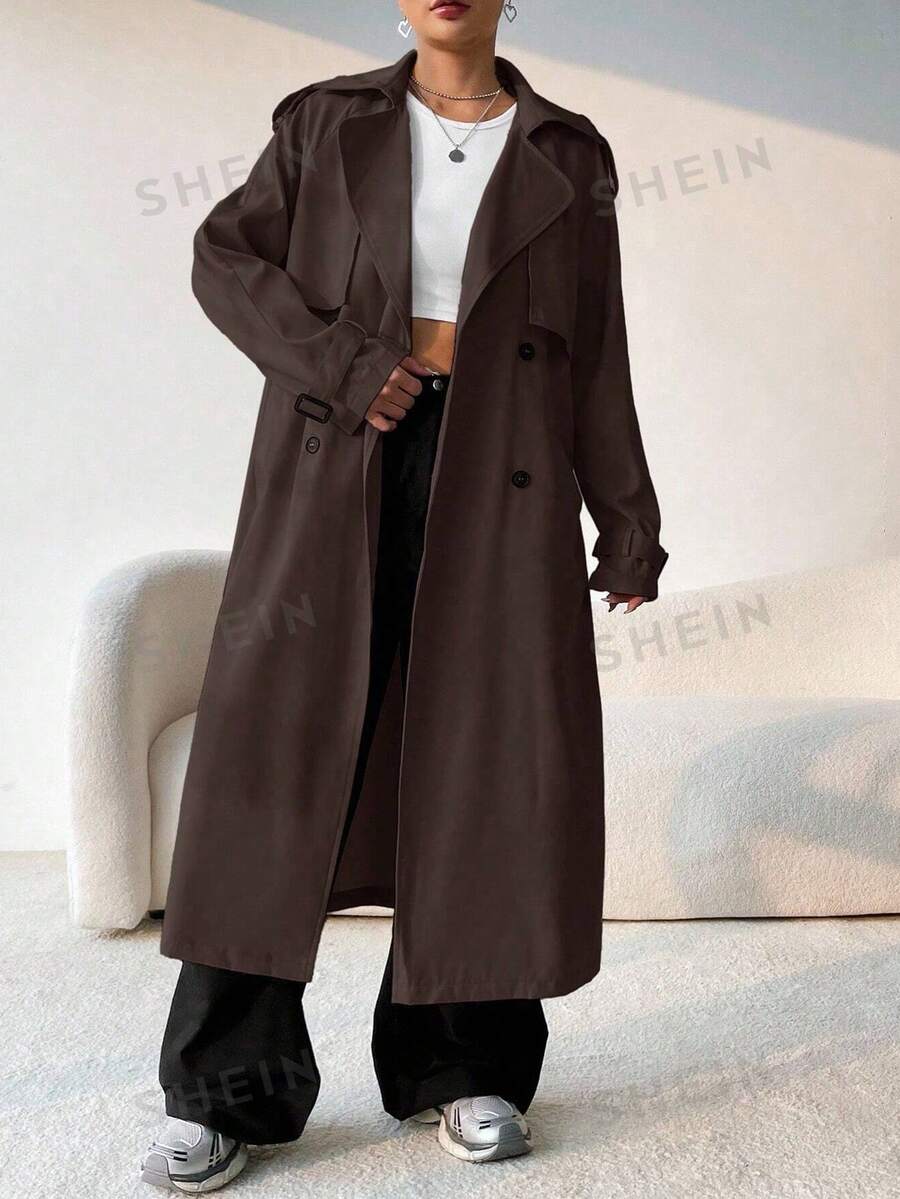 SHEIN x Carly Lawrence SHEIN EZwear Áo khoác trench coat hai hàng khuy màu nâu cà phê giản dị mùa thu dành cho nữ - Cà phê nâu - Xem 1