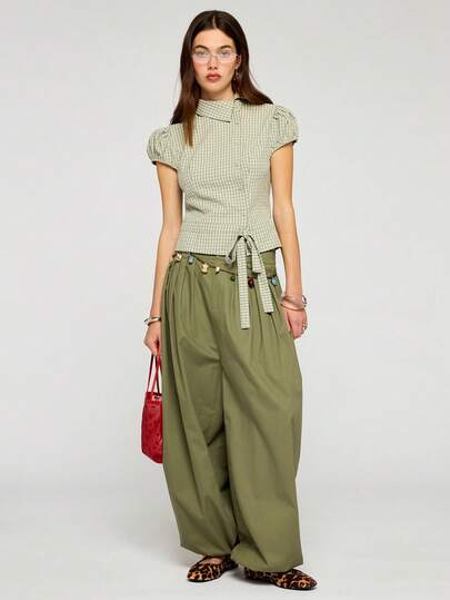 COUREZ Pantalones holgados de globo de talle bajo con detalles de pliegues/ Conjuntos de verano Y2K para mujer Prendas de vestir de verano Atuendos casuales Atuendos para salir Atuendos de festival Ropa de verano para mujer