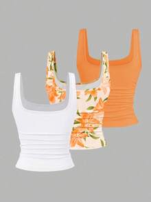 SHEIN CURVE+ 3pcs Plus Size Women's Casual Solid Color & Full Printed Pattern Sleeveless Vest Set, Summer - Multicolor - View 2