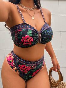 Slaydiva Plus Size Women 2pcs/Set Random Printed Underwire Casual Swimwear Set - Black - View 7