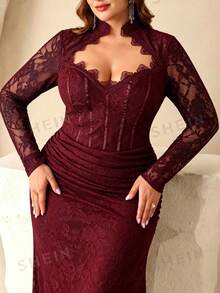 Coutiva Plus Size Lace Collar Long Sleeve Maxi Formal Evening Gown (Heavily Embellished) - Burgundy - View 6