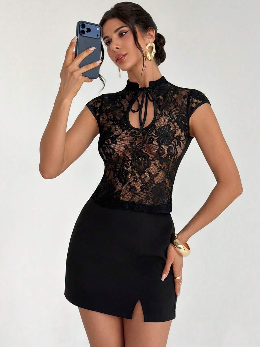 女士系带领短袖修身性感衬衫 - 黑色 - 查看 1