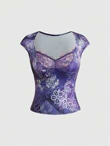 ROMWE Goth Boho Vacation Casual Purple Contrast Lace Ruched Waist Fitted Women T-Shirt - Purple - View 1