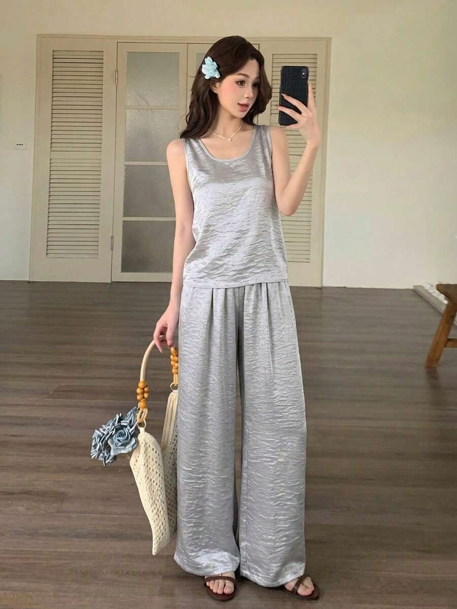 女士缎面简约吊带背心和宽松休闲裤两件套 - 灰色 - 查看 1