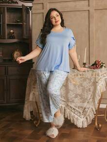 Côtesoire Conjunto de pijama de talla grande con cuello redondo, manga corta, volantes y contraste de color, de punto y estilo floral romántico francés - Azul - Ver 6