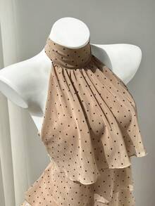 Elamini Blusa con cuello de volantes con estampado de lunares para mujer - Caqui - Ver 3
