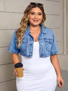 SHEIN SXY Blusa corta de mezclilla casual de talla grande para verano - Azul lavado medio - Ver 3