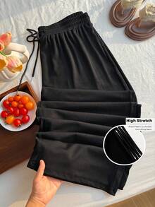Comfortcana Quần ống rộng kẻ sọc đen trắng, kiểu dáng thường ngày, có dây rút, phù hợp cho mùa thu/đông. - màu đen - Xem 9