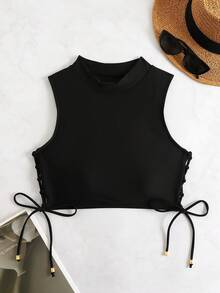 Summer Beach Lace Up Side Mock Neck Bikini Top - Black - View 1