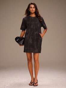 Anewsta Women's Summer Commuting Outfit, Elegant Loose T-Shirt Dress, Black Short Sleeve Round Neck Mini Dress. Suitable For Commuting, Daily Wear And Dating - Grey - View 1