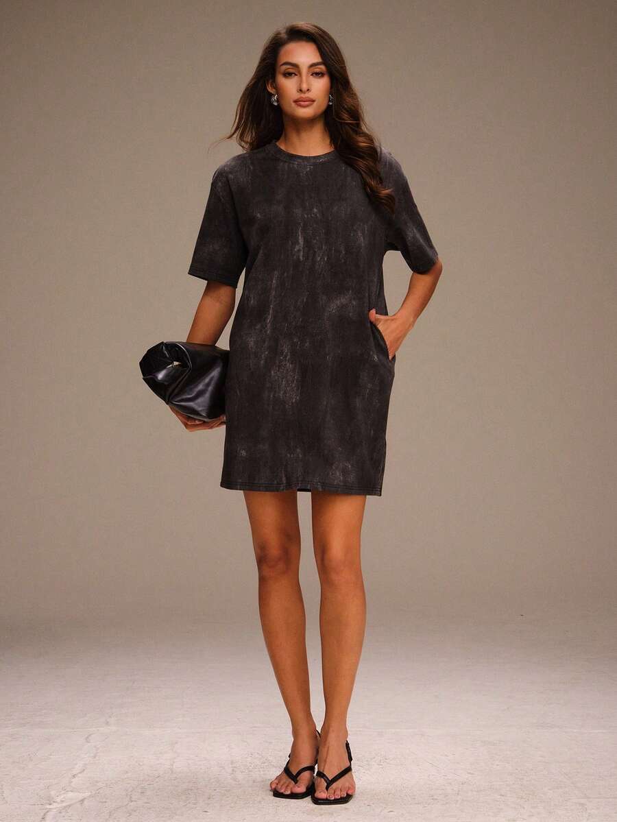 Anewsta Women's Summer Commuting Outfit, Elegant Loose T-Shirt Dress, Black Short Sleeve Round Neck Mini Dress. Suitable For Commuting, Daily Wear And Dating - Grey - View 1