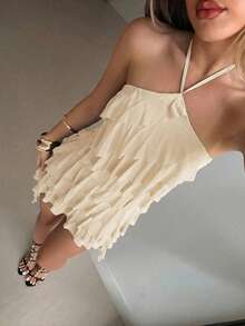 Aloruh White,Summer,70s,Party Y2K Music Festival Bohemian Elegant Halter Multilayer Ruffle Waist Asymmetrical Hem Mesh Mini Summer Dresses For Women - Beige - View 1