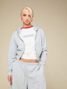 COUREZ Sudadera con capucha encogida con cremallera/Conjuntos de verano Y2K para mujer Sudaderas grises Conjuntos para salir Blusas de manga larga Conjuntos casuales Blusas a rayas Blusas lindas Conjuntos para fiestas Blusas de festival Ropa de verano Conjuntos de festival Conjuntos de primavera para mujer - Gris - Ver 4