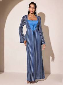 Veilorie Women's Spring/Autumn Beach Golf Vacation Colorblock Striped Print Flare Sleeve 2 In 1 Long Dress Pastal Sexy - Blue - View 8