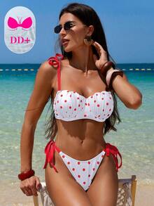 SHEIN DD+ Bộ bikini gợi cảm dành cho nữ, cỡ DD+, có gọng nâng ngực, kiểu dáng vỏ sò, dây đeo có thể điều chỉnh và thắt eo, thích hợp cho mùa xuân/hè. - Đỏ và trắng - Xem 7
