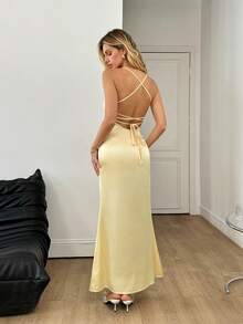 SHEIN Đầm satin màu vàng thanh lịch dành cho nữ, kiểu dáng dây mảnh, hở lưng, buộc dây, thích hợp cho các bữa tiệc, họp mặt, hẹn hò, tiệc trà chiều, kỳ nghỉ. - Màu vàng - Xem 2