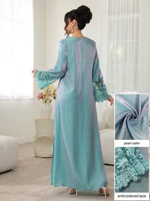 Vestido Maxi Najma con Cuello en V, Bordado Floral, Manga Larga, Patchwork y Bajo con Volantes, Estilo Tradicional Turco y Árabe - azul claro - Ver 8