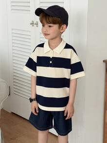Áo thun tay ngắn dáng rộng cổ phối sọc cho bé trai - Màu be - Xem 3