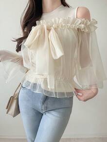 FRIFUL Women's Solid Color Sheer Mesh Fabric 2 In 1 Bowknot Ruffle Trim Sleeve Fitted Casual Versatile Two Pieces Set - Apricot - View 12