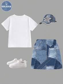 SHEIN 少女休闲爱心图案短袖圆领T恤搭配工装迷你裙套装，适合夏季穿着 - 彩色 - 查看 2