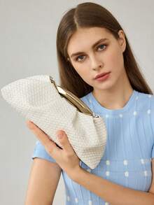 MOTF PREMIUM BOLSO DE MANO DE MUJER DE PIEL SINTÉTICA TRENZADA CON GRABADO, HERRAJES FINOS - Trenza blanquecina - Ver 7