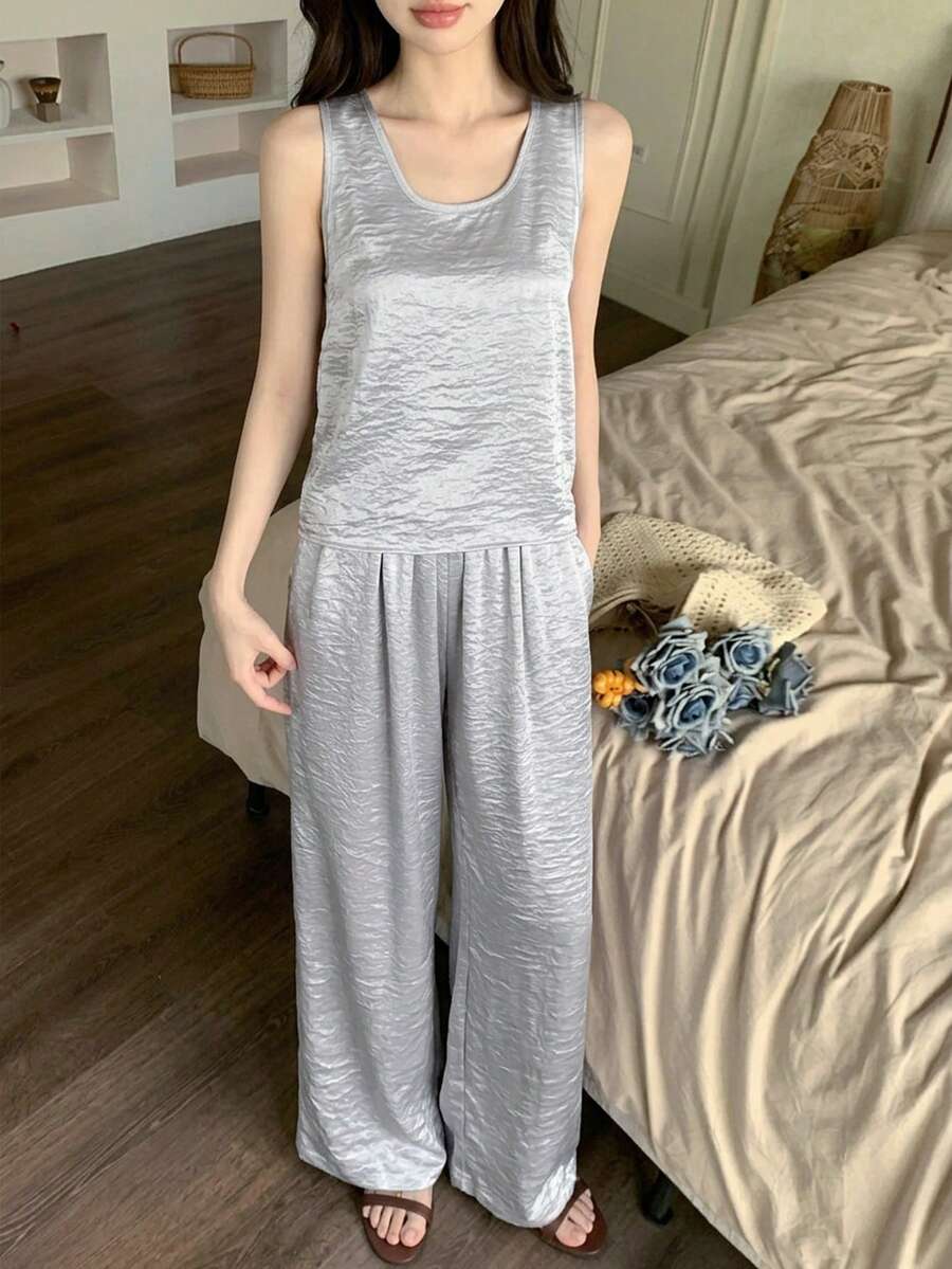 DAZY Spring & Summer Sleeveless Loose Blouse Top And Straight Leg Casual Pants Set, Elegant Office/Business/Casual/Beach/Holiday Wear For Women - Grey - View 1