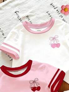 SHEIN 3件套 女童新款时尚 SS26 夏季休闲舒适撞色条纹樱桃蝴蝶结印花短袖圆领T恤，适合 - 彩色 - 查看 3