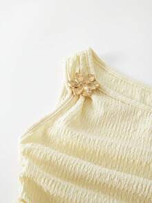 SHEIN Tween Girl Elegant Summer Birthday Dress,Golden Yellow Asymmetrical Shoulder Ruched Cake Princess Outfit With Metal Starfish Decor,Sibling Matching - Yellow - View 6
