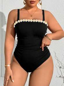 Slaydiva Costume da bagno intero stile vacanza al mare da donna taglie forti con dettagli in pizzo a contrasto - nero - Visualizzare 4