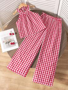 Sparklyn Girls' Beach Vacation Basic Halter Shirt + Loose 3/4 Pants Woven Floral 2 Pieces Set - Red - View 3
