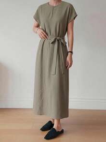 Dazy-Less Women's Solid Color Round Neck Waist Tie Slit Design Elegant Waist Cinching Party Dress - Green - View 5