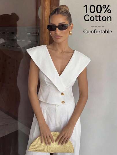 Lumalex 2 pièces/Set Top col V 100% coton et pantalon large, Printemps/Été
