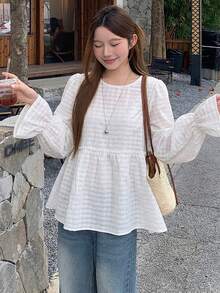 DAZY Áo kiểu nữ màu hồng cổ tròn dáng chữ A tay loe - trắng - Xem 2