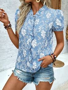 EMERY ROSE Elegant V-Neck Ruffle Petal Sleeve Jacquard Textured Fabric Women Blouse - Blue - View 4