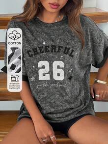 DAZY Women's Summer Round Neck Short Sleeve Letter Print Loose Pullover Casual T-Shirt Graphic Tees Women - Dark Grey - View 1