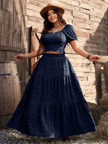 SHEIN Franclia Bộ đồ 2 món cỡ lớn, chất liệu dệt, cổ vuông, tay cánh hoa, eo thon, dáng chữ A. - Màu xanh hải quân - Xem 3